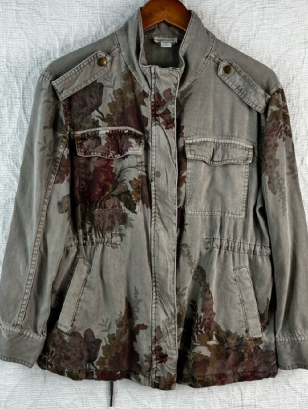 Sundance Rochelle Floral Taupe Jacket Womens PM 100 Tencel Zip Snap Pockets Top